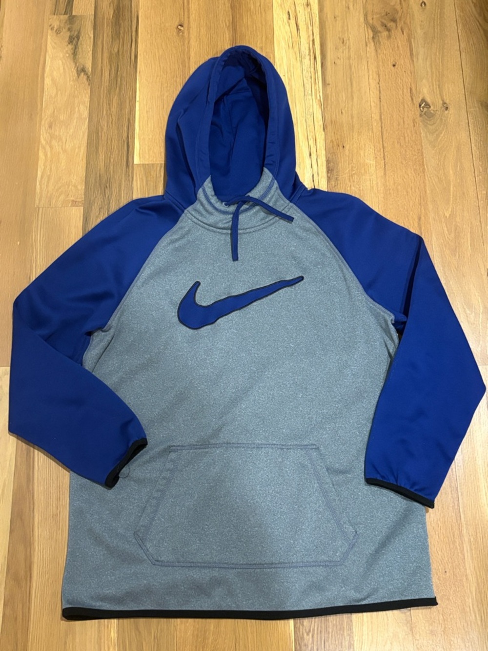 Nike Gray Therma-Fit Hoodie with Royal Blue Sleeves & Swoosh - Youth Large